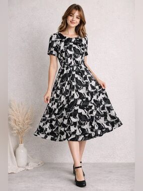 Wayward Fancies eShakti Cat Print Dress L 12 Black White Midi Retro Cute